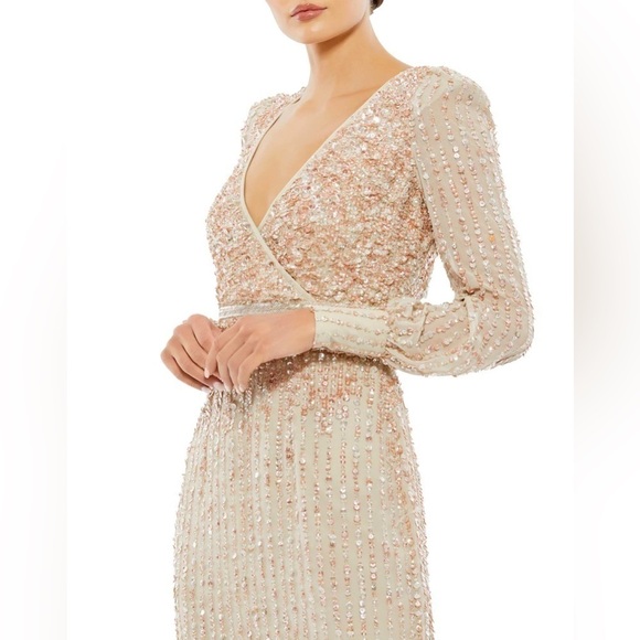 Mac Duggal 93593 Sequined V Neck Bishop Long Sleeve Dress Nude NWT! - Picture 2 of 14